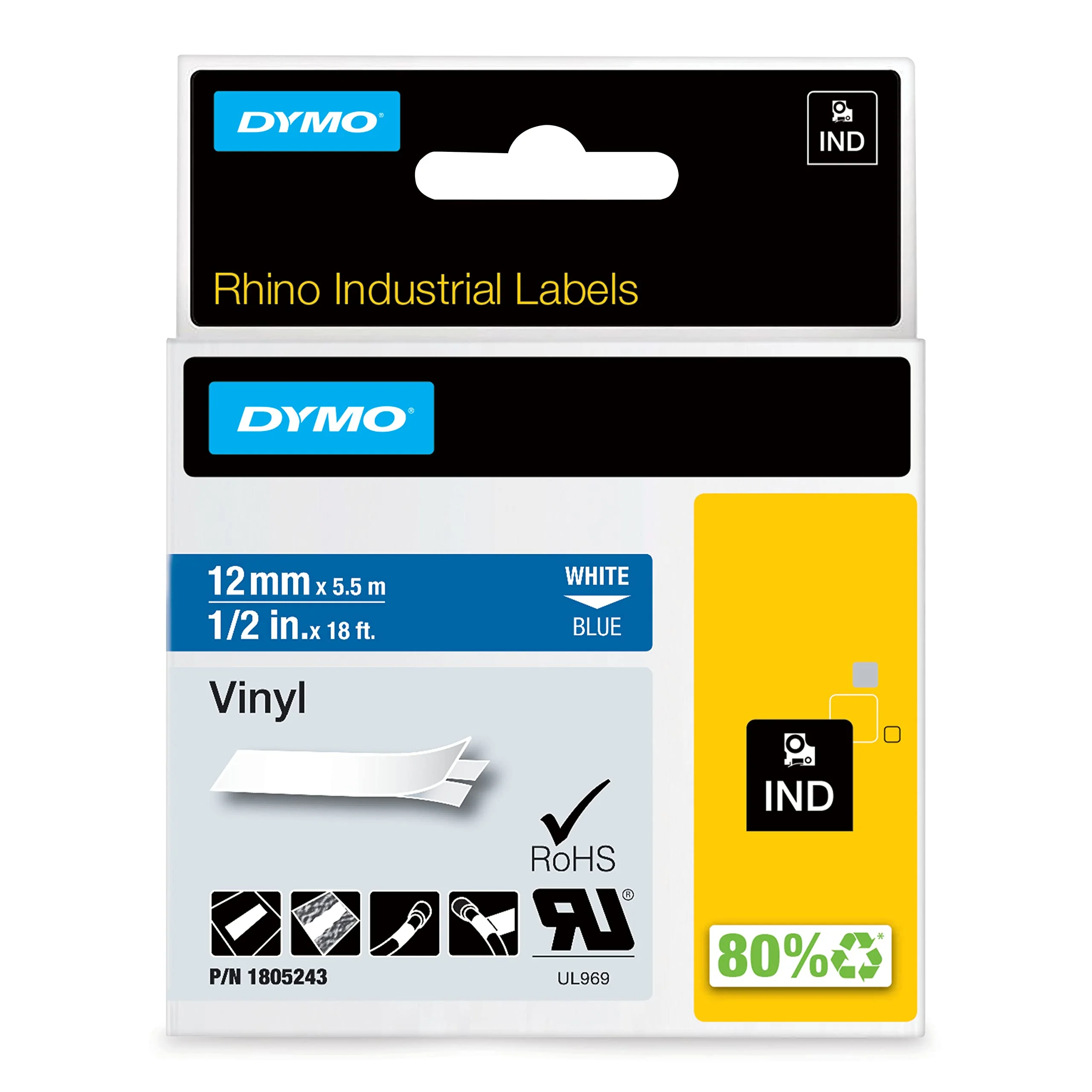 DYMO Rhino Industrial Vinyl Labels 12 mm x 5.5m White Print On Blue Self-Adhesive For DYMO LabelManager & Rhino Label Makers
