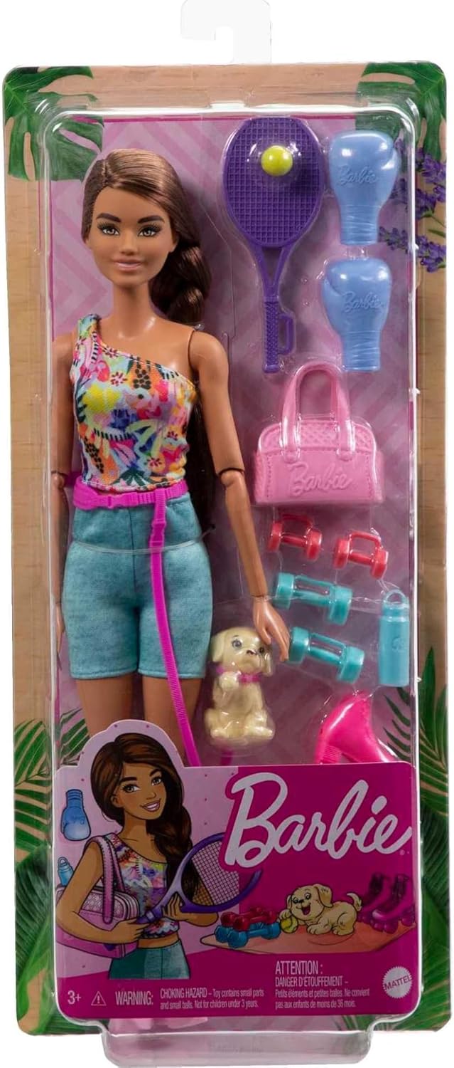 Barbie Self-Care Doll, Brunette Posable Workout Doll with Puppy & Accessories Including Roller Skates & Tennis Rackets - Image 6