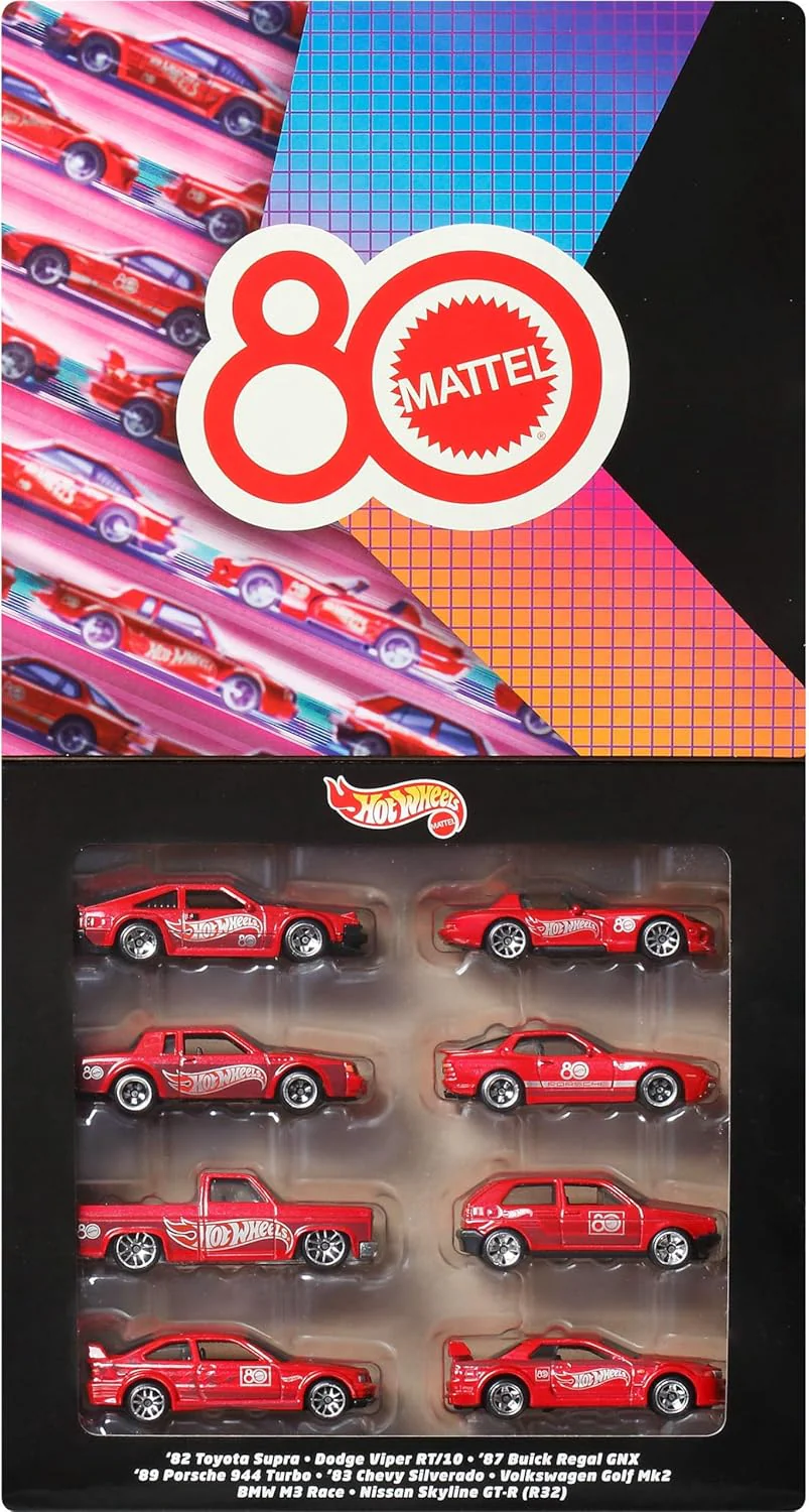 Hot Wheels Toy Cars & Trucks 8-Pack, Set of 8 Die-Cast 1:64 Scale Retro Vehicles with Special Mattel 80th Anniversary Deco & Packaging - Image 4
