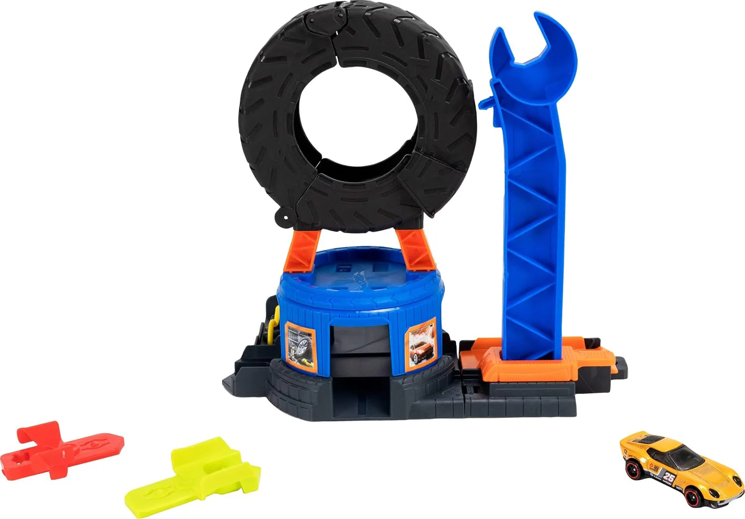 Hot Wheels Spielzeugauto-Trackset, City Downtown Reifenwerkstatt und Die-Cast-Abschleppwagen im Maßstab 1:64, multidirektionales Spielen, mit dem Track-Schnellstecksystem kompatibel, JHL75 - Image 4