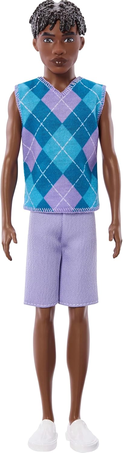 Barbie Fashionistas Style Ken Doll #253 with Brown Hair, Wearing Lavendar Shorts with Turquoise and Lavender Argyle Shirt, White Shoes, JJN67 - Image 2