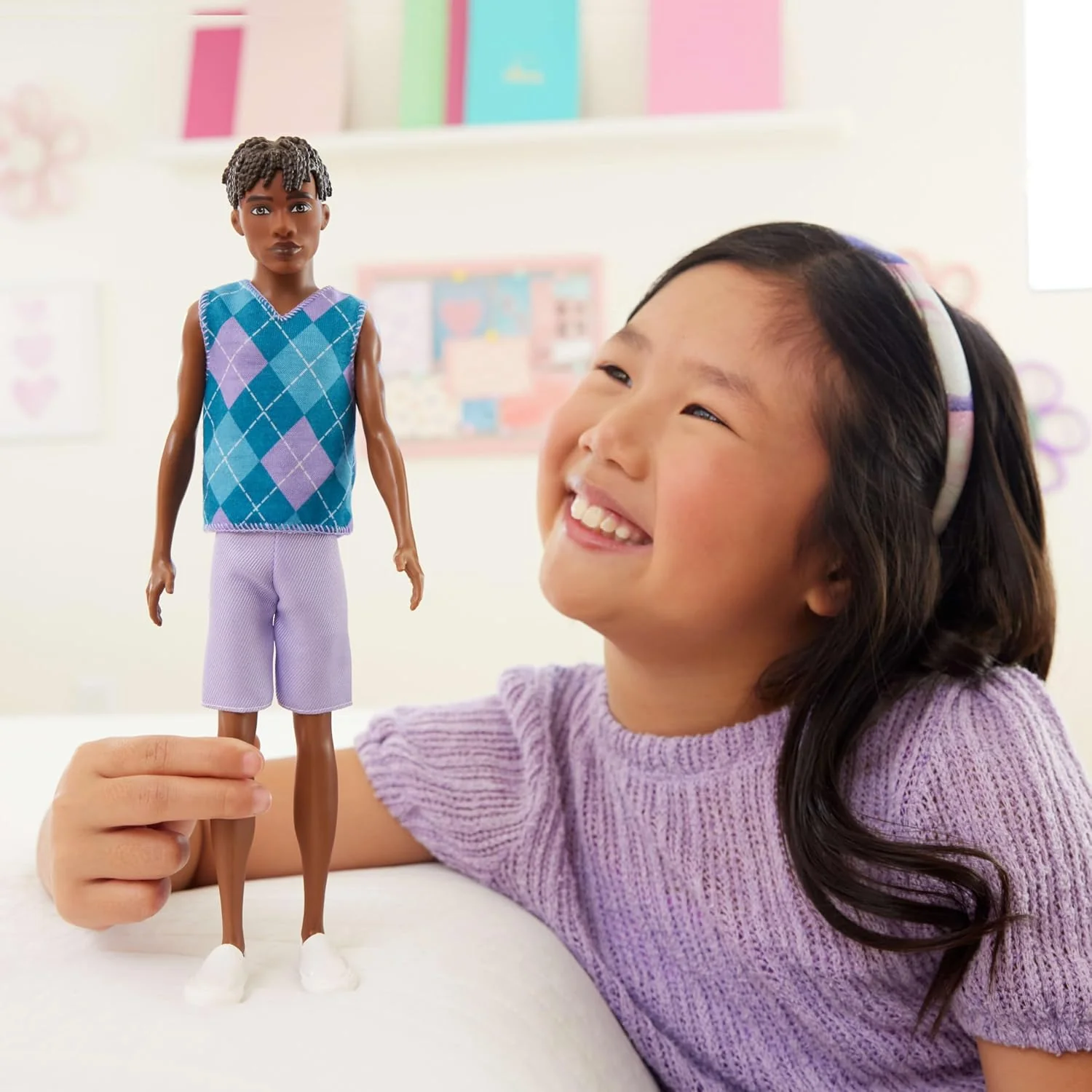 Barbie Fashionistas Style Ken Doll #253 with Brown Hair, Wearing Lavendar Shorts with Turquoise and Lavender Argyle Shirt, White Shoes, JJN67 - Image 4