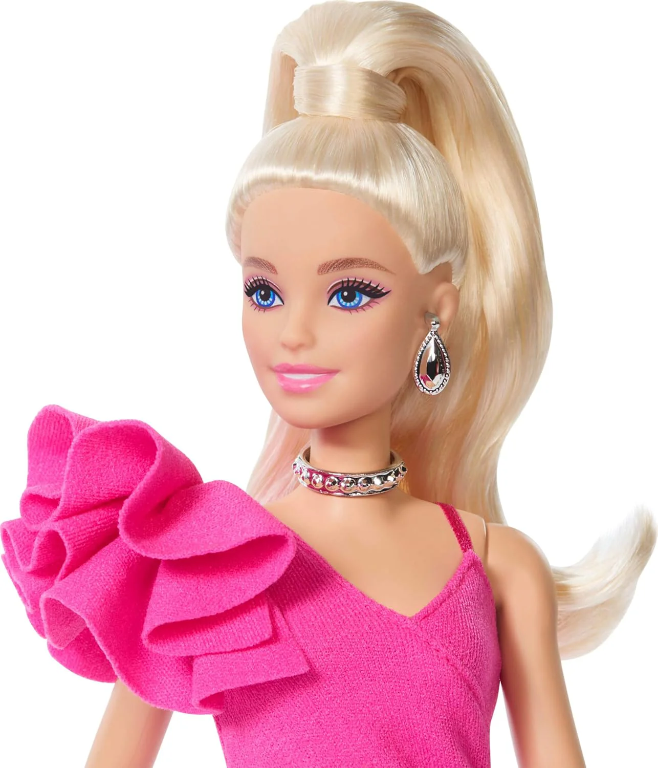 Barbie Deluxe Style Doll #15 in Hot Pink Barbiecore Dress, Blonde High Ponytail, Black Lace Tights, Silver Clutch, and Silver Jewelry, JJN73 - Image 4