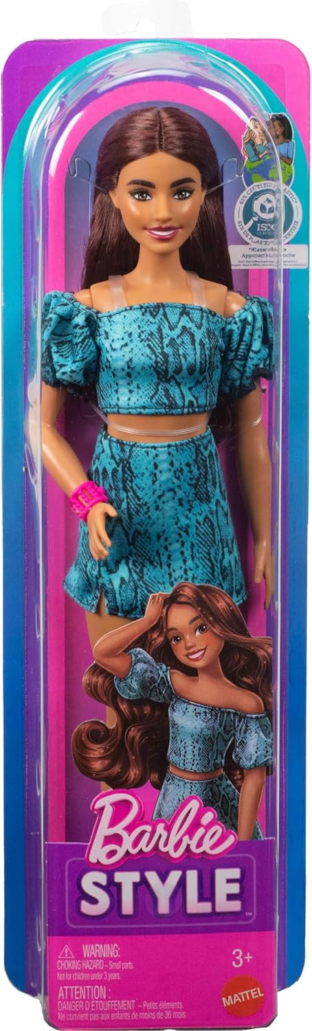 Barbie Fashionistas Style Doll #250 with Brown Hair, Wearing Turquoise Snake Print Skirt, Turquoise Snake Print Top, Black Strappy Heels - Image 2