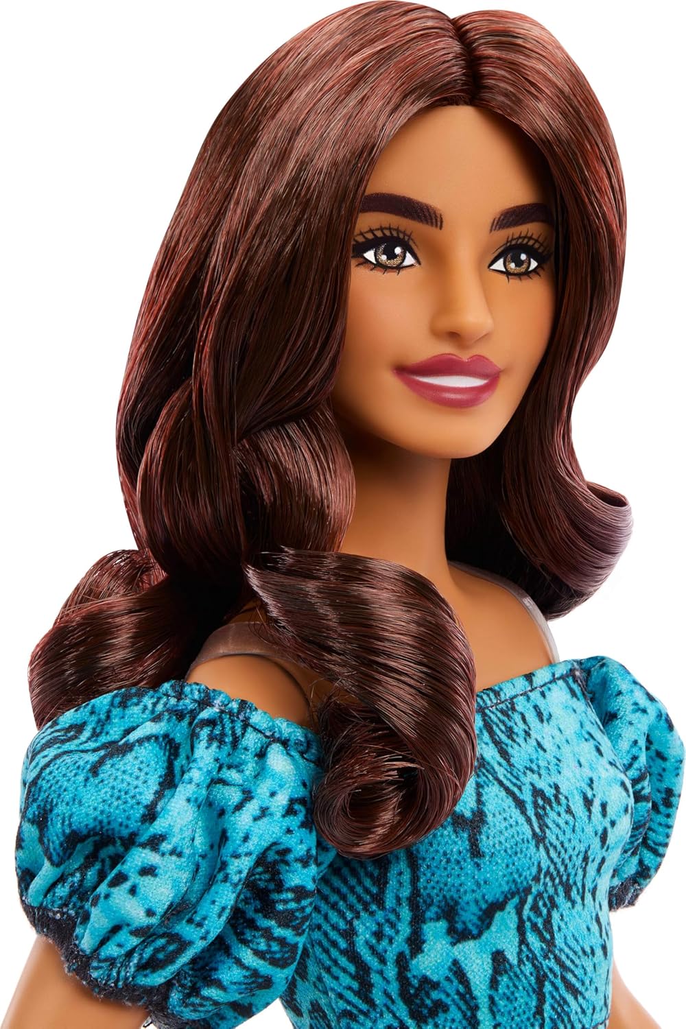 Barbie Fashionistas Style Doll #250 with Brown Hair, Wearing Turquoise Snake Print Skirt, Turquoise Snake Print Top, Black Strappy Heels - Image 3