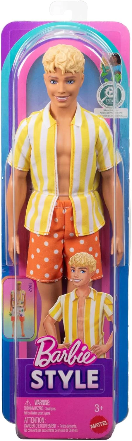Barbie Fashionistas Style Ken Doll #252 with Blond Hair, Wearing Orange and Yellow Polka-Dot Board Shorts with Yellow and White Striped Shirt, Orange Shoes, JJN66 - Image 2