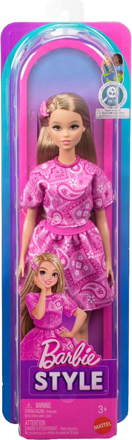 Barbie Fashionistas Style Doll #249 with Blonde Hair, Wearing Pink Paisley Skirt, Pink Paisley Shirt, White Platform Sandals, JJN62 - Image 3