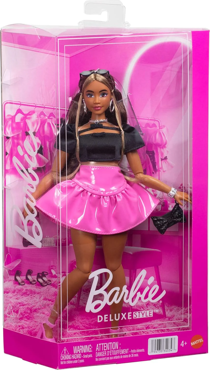 Barbie Deluxe Style Doll #16 in Pink Vinyl Barbiecore Skirt, Black Satin Crop Top, Long Brown Hair, Black Clutch, and Silver Jewelry, JJN74 - Image 2