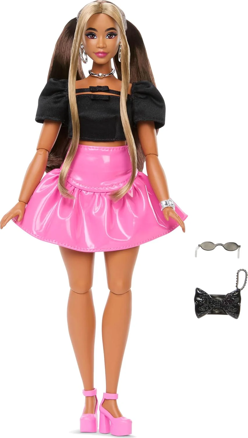 Barbie Deluxe Style Doll #16 in Pink Vinyl Barbiecore Skirt, Black Satin Crop Top, Long Brown Hair, Black Clutch, and Silver Jewelry, JJN74 - Image 6