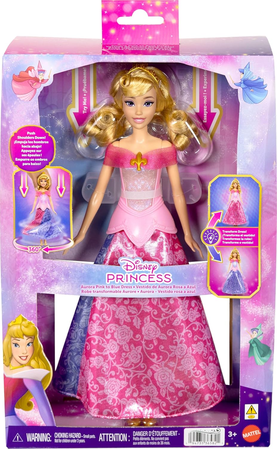 Mattel Disney Princess Aurora-Modepuppe mit leuchtendem Oberteil und Kleid mit Farbwechsel von rosa zu blau, vom Film Dornröschen inspiriert, JLK24 - Image 3