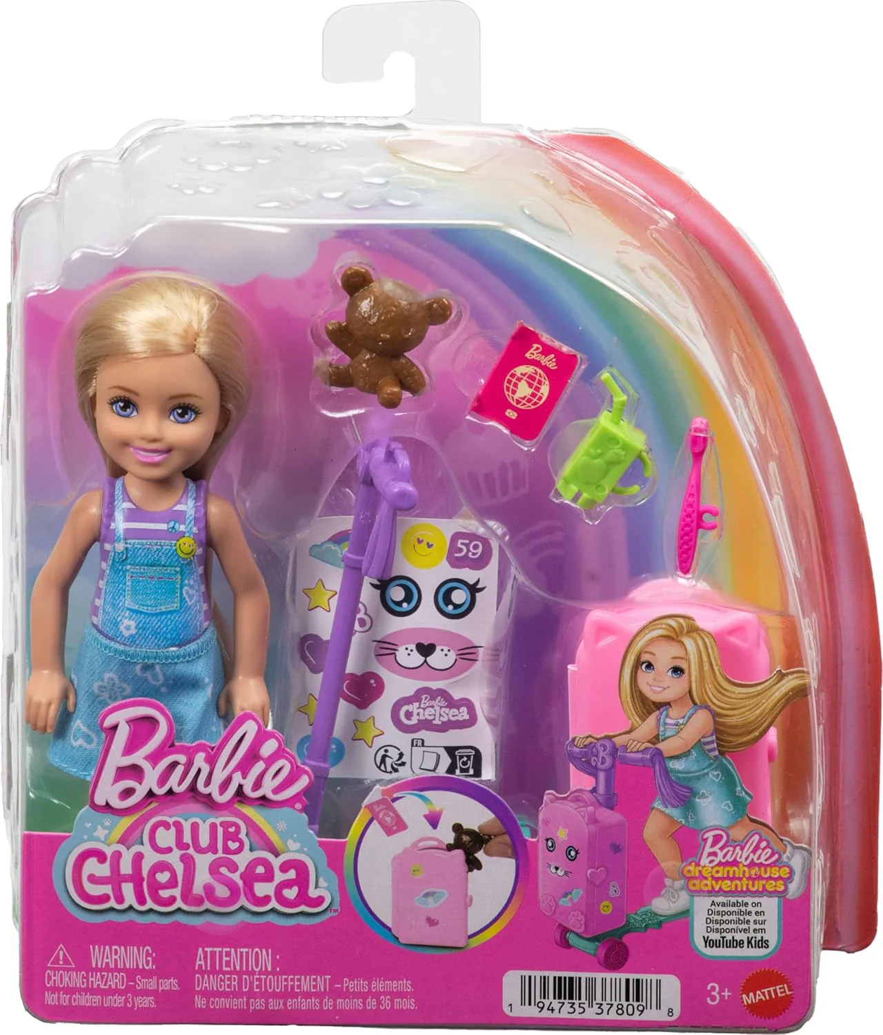 Barbie Chelsea, „Grenzenlose Abenteuer“-Reihe, Blonde Puppe, fahrbarer Roller mit Koffer und Zubehörteile rund ums Reisen, JMJ46 - Image 4