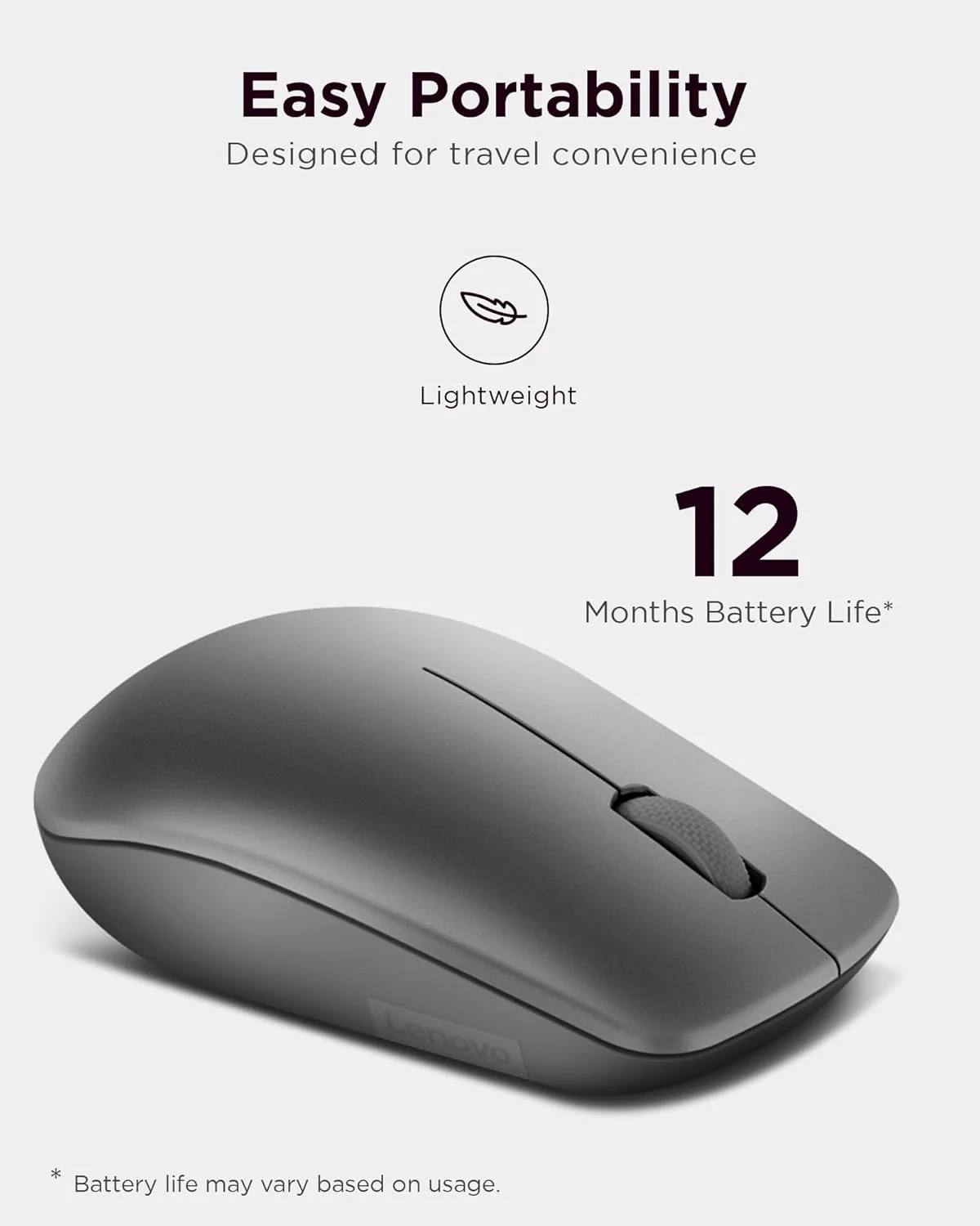 Lenovo 530 Mouse wireless - Sensore ottico 1200 dpi, design ambidestro, 2,4 GHz, 3 tasti, batteria fino a 12 mesi - Colore grafite - Image 2