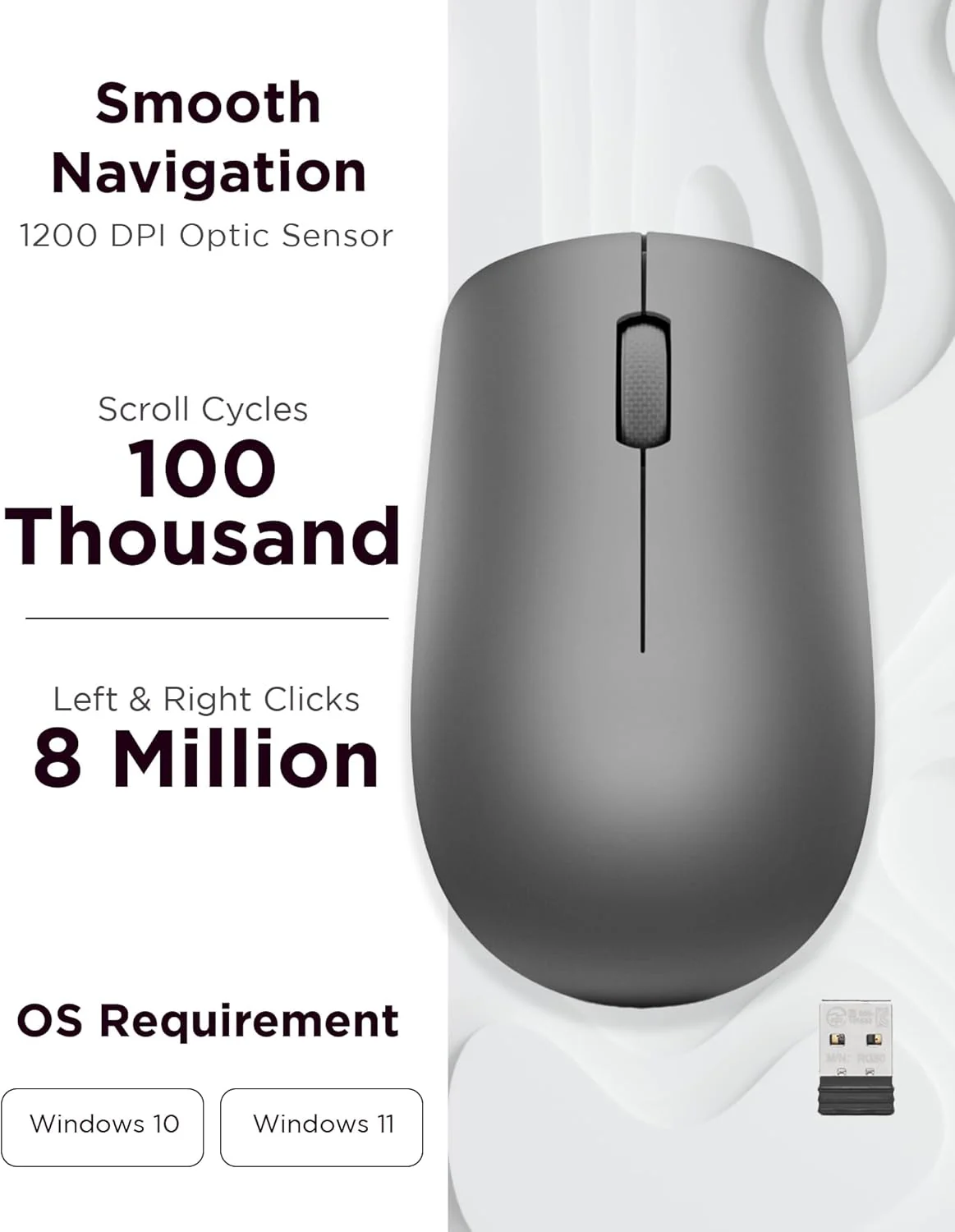 Lenovo 530 Mouse wireless - Sensore ottico 1200 dpi, design ambidestro, 2,4 GHz, 3 tasti, batteria fino a 12 mesi - Colore grafite - Image 5