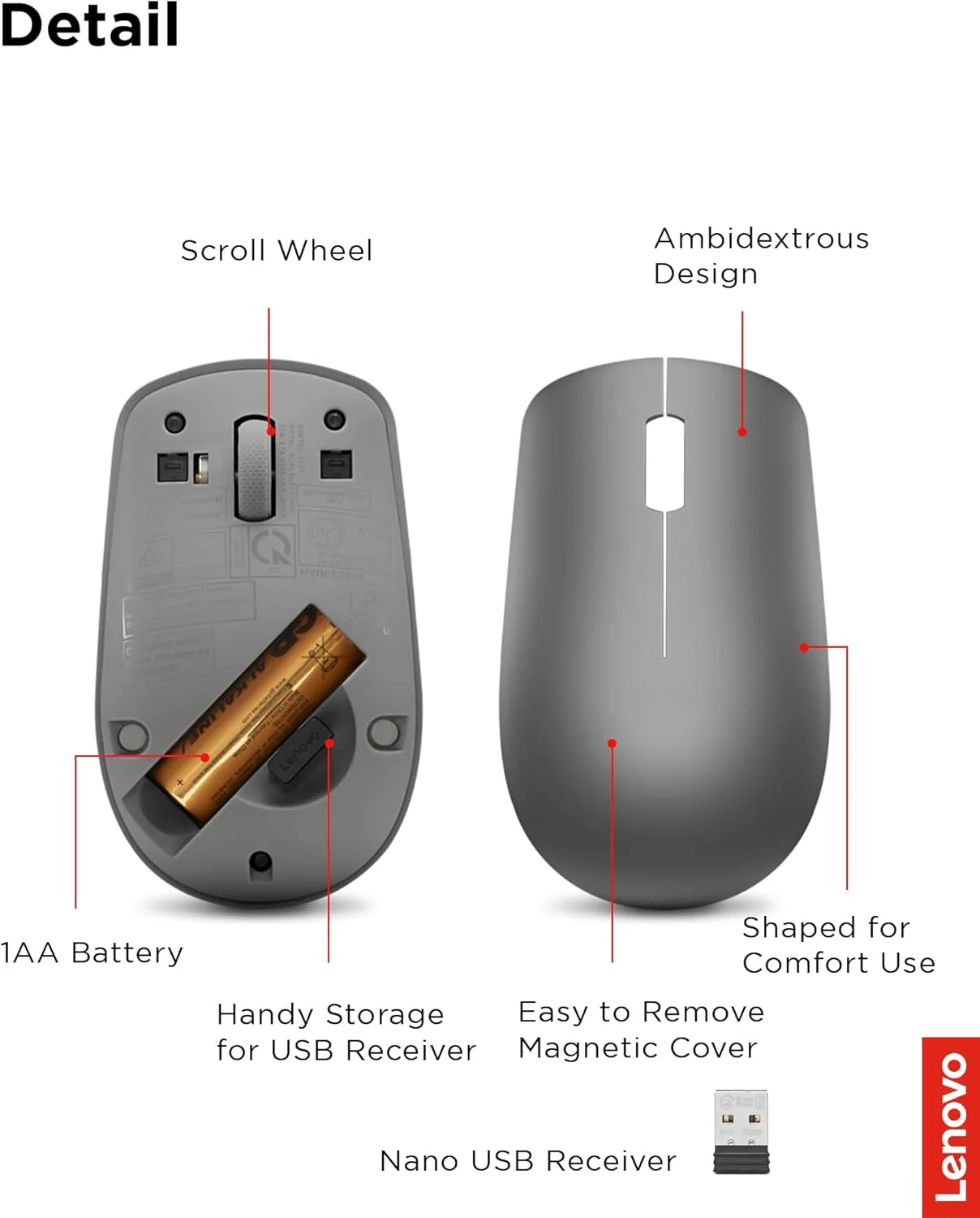 Lenovo 530 Mouse wireless - Sensore ottico 1200 dpi, design ambidestro, 2,4 GHz, 3 tasti, batteria fino a 12 mesi - Colore grafite - Image 6