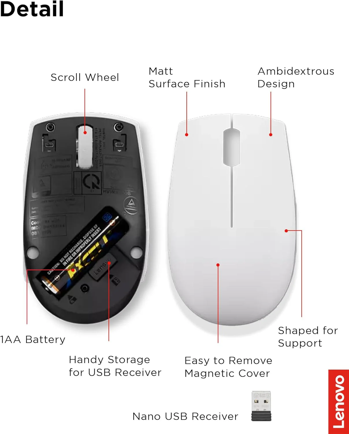 Lenovo 300 Mouse Wireless Compatto, Sensore Ottico 1000 DPI, 2,4 GHz, Ambidestro, Portatile per Laptop e PC, Cloud Grey - Image 2