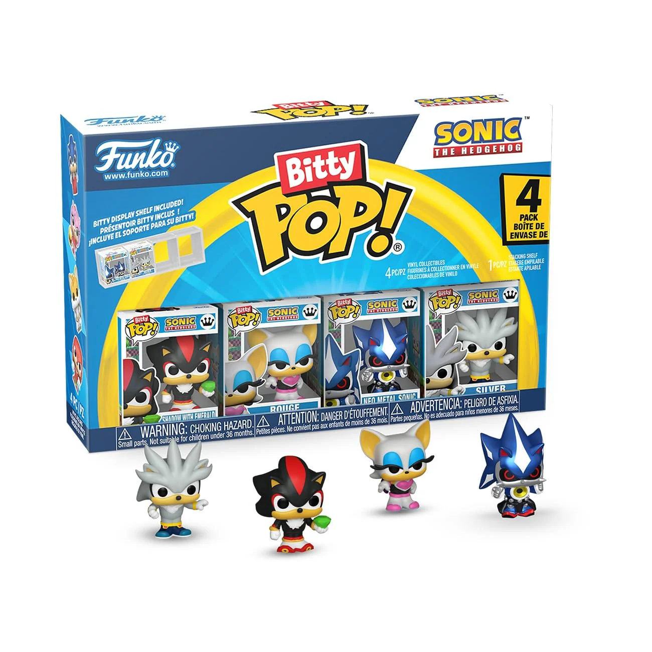 Funko Bitty POP! 4 Pack: Sonic The Hedgehog - Shadow with Emerald, Rouge, Neo Metal Sonic, Silver the Hedgehog - 0,9 Zoll (2,2 cm) Sammelbar - Stapelbares Display-Regal enthalten - Geschenkidee