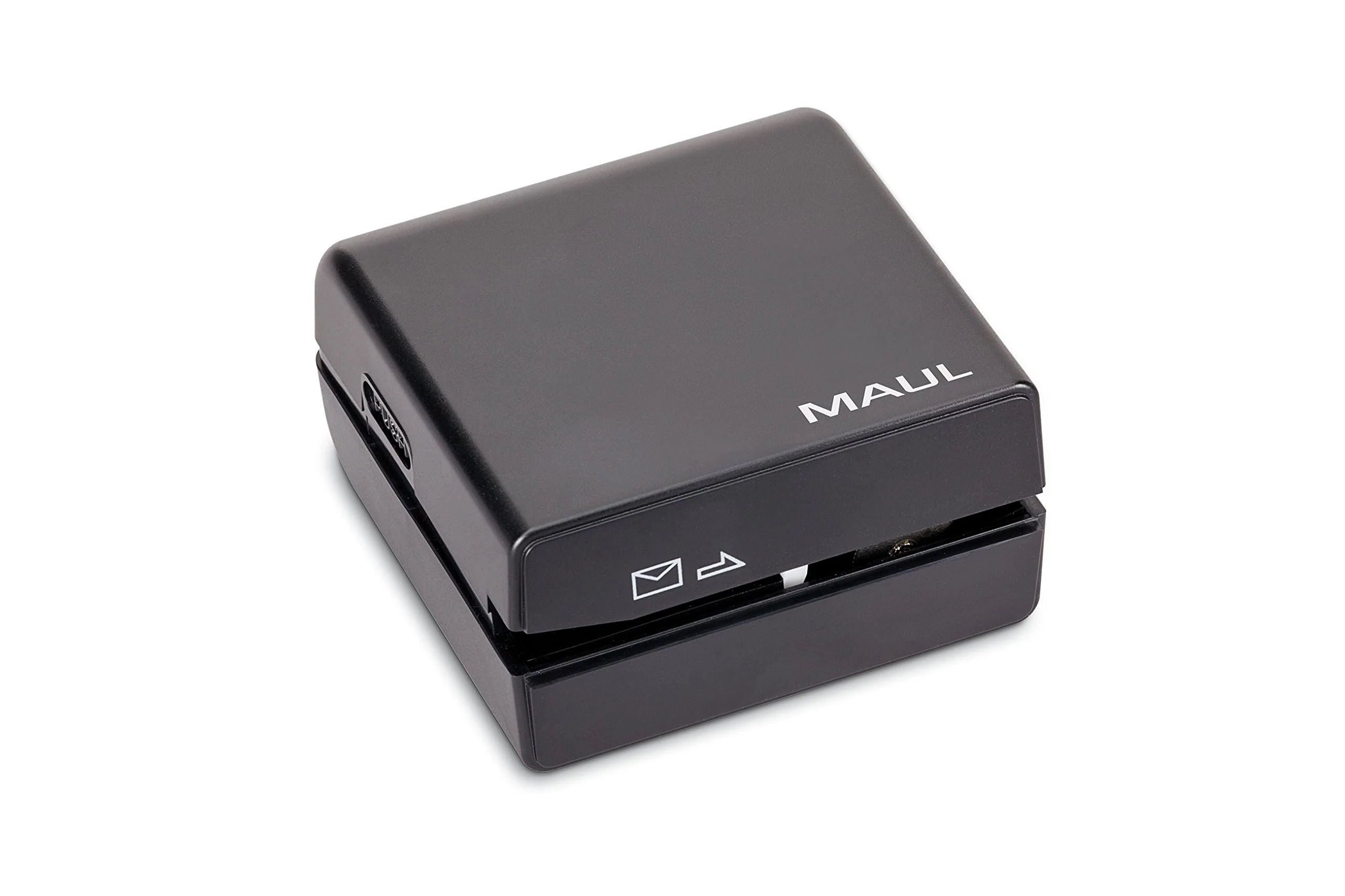 Maul - Abrecartas eléctrico con alimentación por pilas, estructura de plástico y zona de corte de acero inoxidable