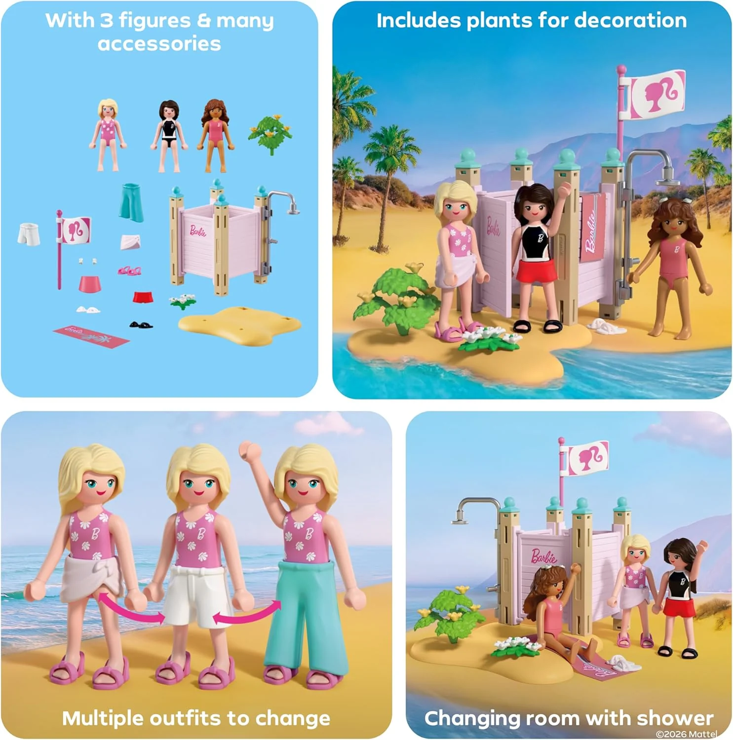 PLAYMOBIL Barbie strandmode, kleedcabine en douche met Barbie, Teresa & Renee, stijlvolle strandlooks en Malibu-zomergevoel, bevordert rollenspel en creativiteit, voor kinderen vanaf 4 jaar, 72124 - Image 5