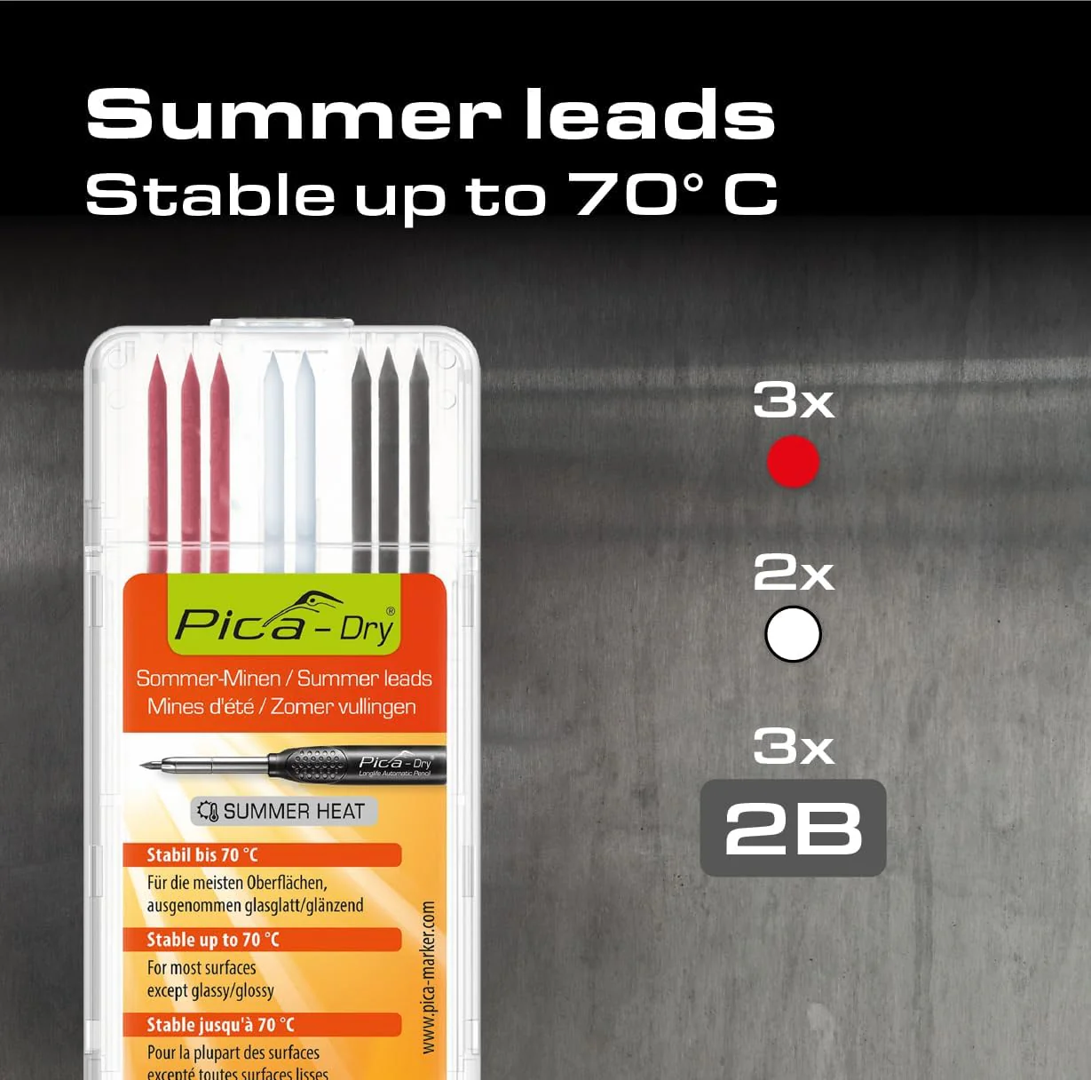 Pica 4070 I 8-delig speciaal reserve-minen set voor Pica Dry 3030 diepboormarker I zomermine I waterbestendig I stabiel tot 70°C I 3x grafiet 2B, 3x rood, 2x wit in stevige kunststofdoos - Image 3