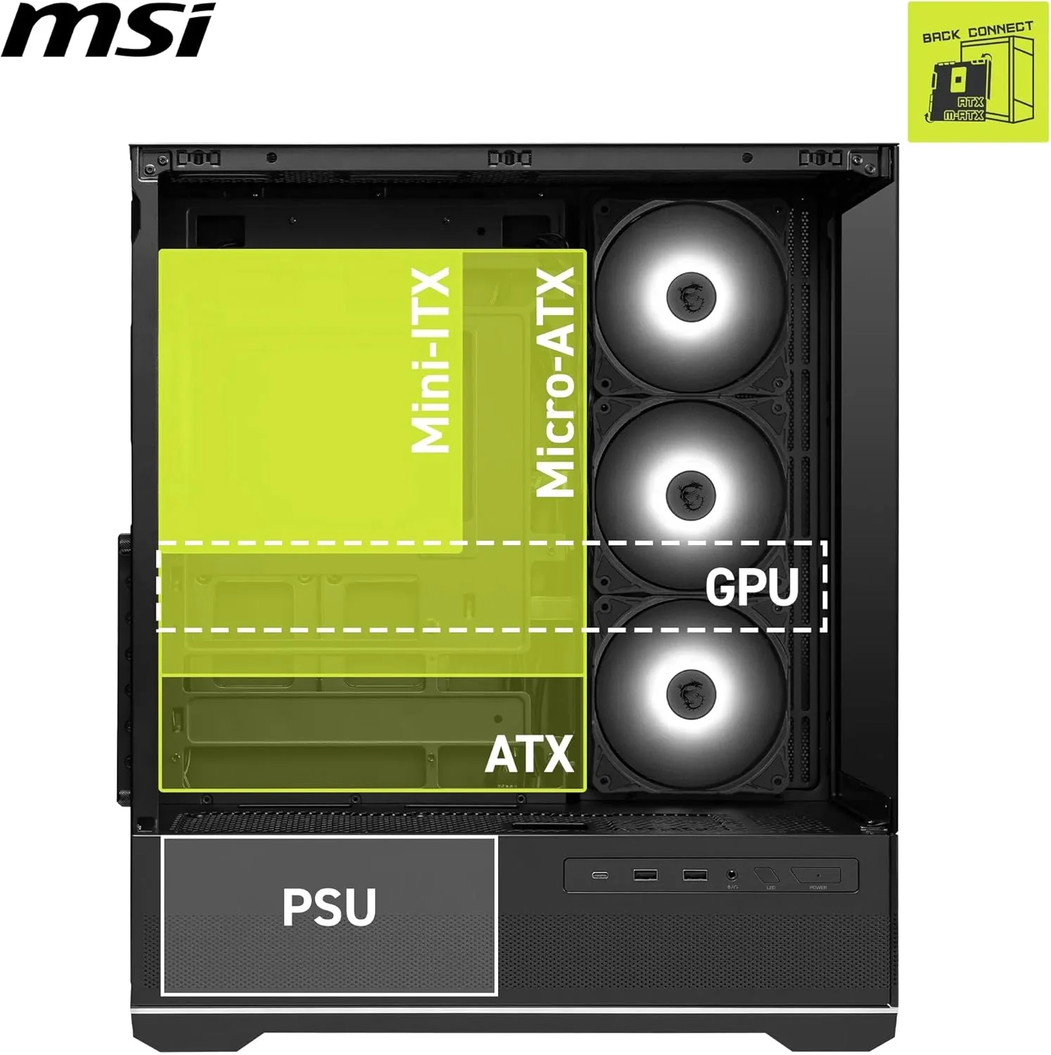 MSI MAG PANO 110R PZ - Mid-tower Gaming PC Case - Supports up to 400 mm GPU in length, Removable Dust Filters, USB 20Gbps (Type-C), Back-connect ATX & Micro-ATX Motherboard support - Image 4