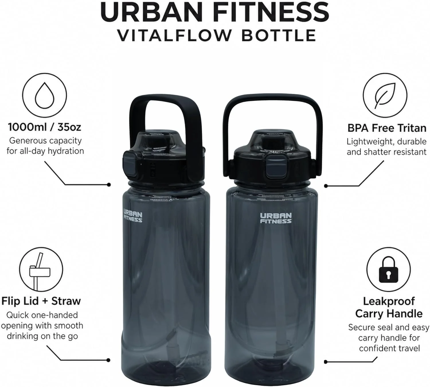 VitalFlow Water Bottle, 1000ml BPA Free Tritan Reusable Sports Bottle with Straw, Leakproof Flip Lid and Carry Handle for Gym, Work and Travel - Image 3