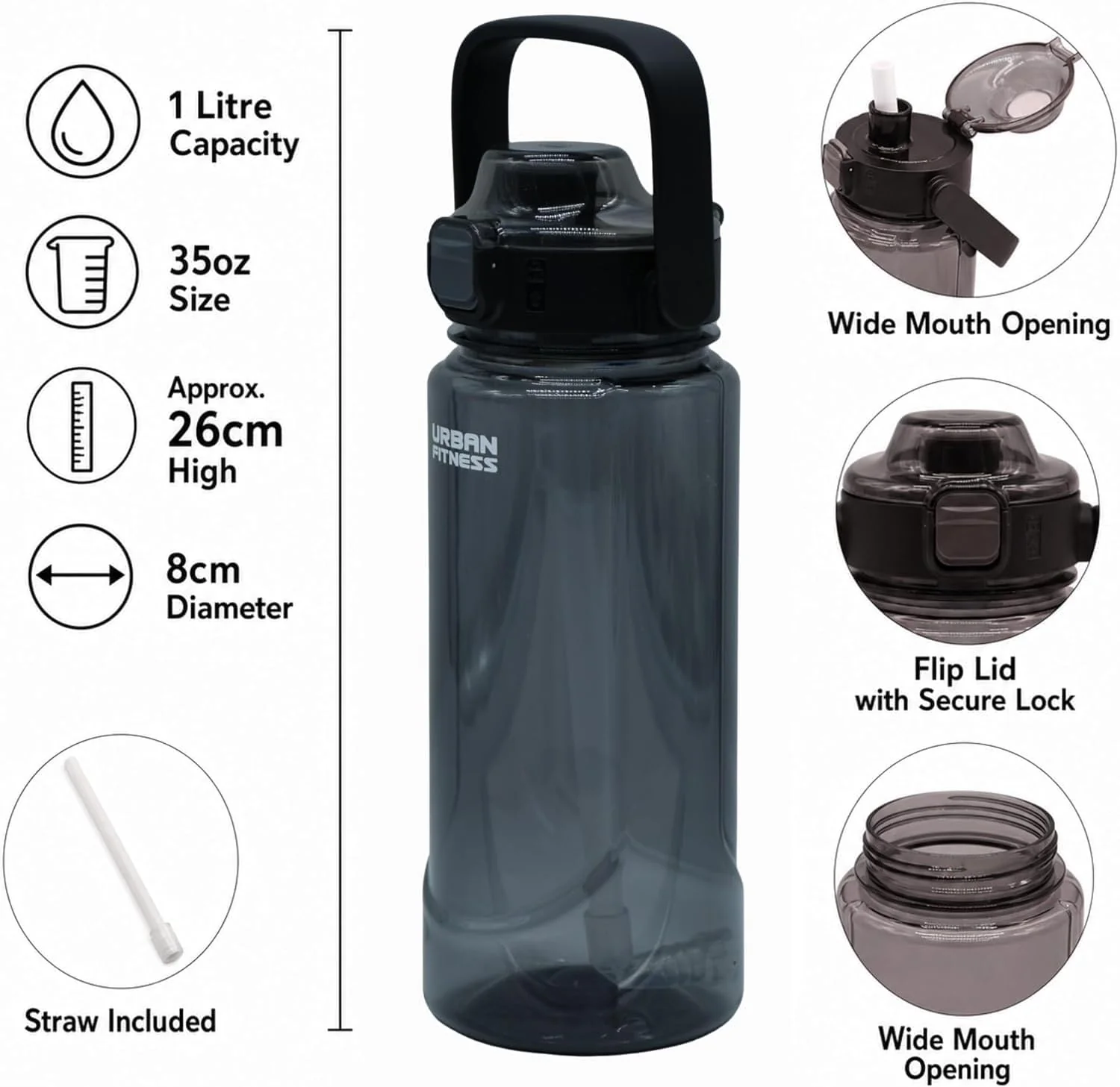 VitalFlow Water Bottle, 1000ml BPA Free Tritan Reusable Sports Bottle with Straw, Leakproof Flip Lid and Carry Handle for Gym, Work and Travel - Image 5
