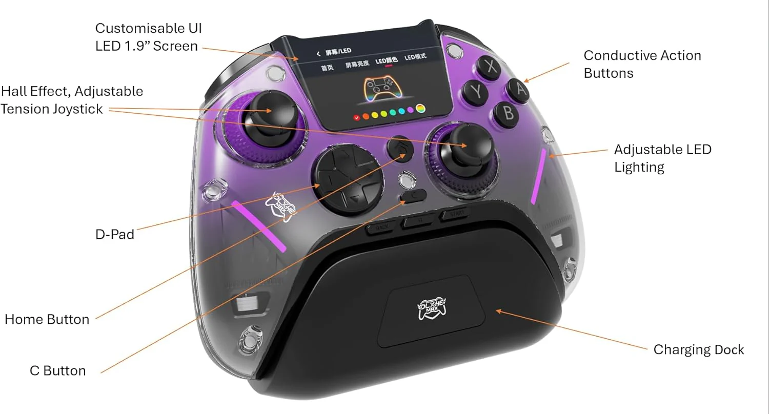 DLX HE MAX Wireless/Wired/Bluetooth Controller - Hall Effect/LED Screen/Programmable, Rechargeable, With charging base. - Image 6