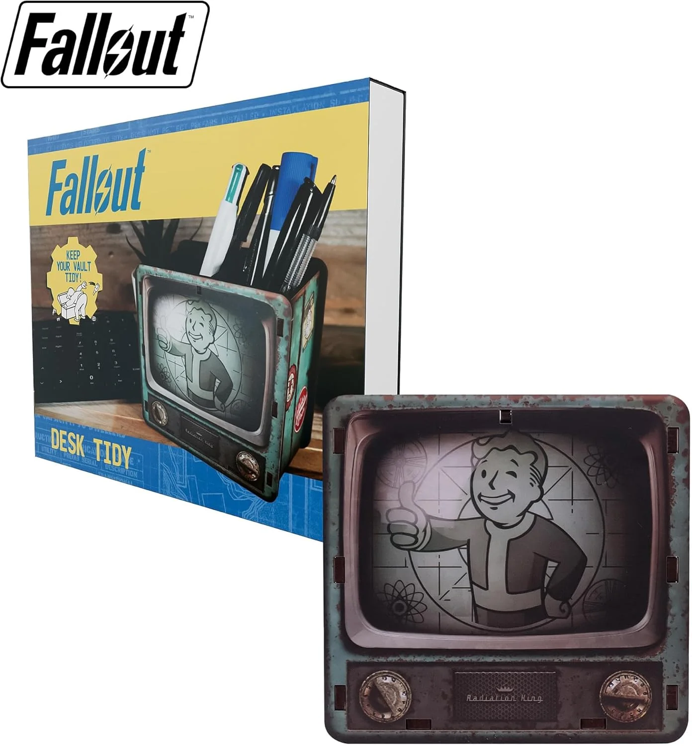 FaNaTtik Fallout Desk Tidy - Organizer da scrivania per TV con licenza ufficiale Vault‑Tec Retro con Vault Boy, portapenne e portapenne in MDF per giochi o ufficio - Image 5