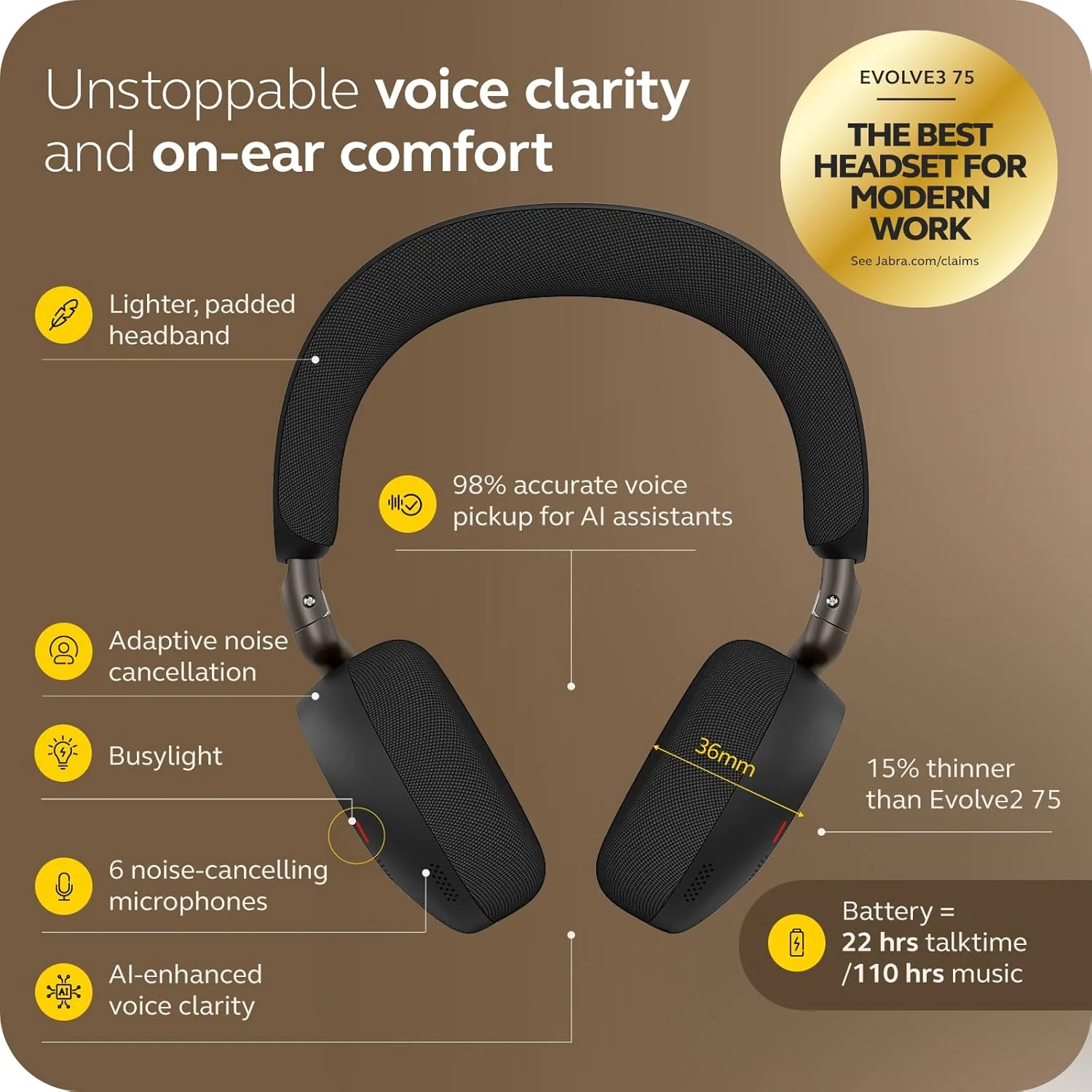 Jabra Evolve3 75 On-Ear Wireless Bluetooth Headset with Mic and Wireless Charging Stand for Work, USB-C, AI Voice Call Technology, Advanced ANC, 22-Hour Battery, Works with Online Meeting Apps, Black - Image 3