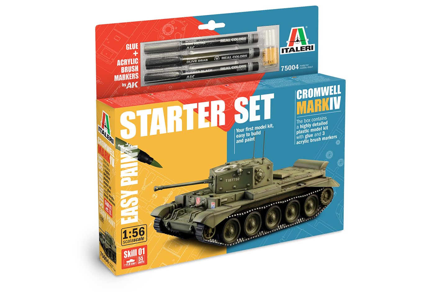 Italeri 75004 Line Starter Set - Easy Paint: Cromwell Mk. IV, 1:56 Scale, Plastic Model Kit/Model Assembly Includes Glue and 3 Acrylic Paint Markers