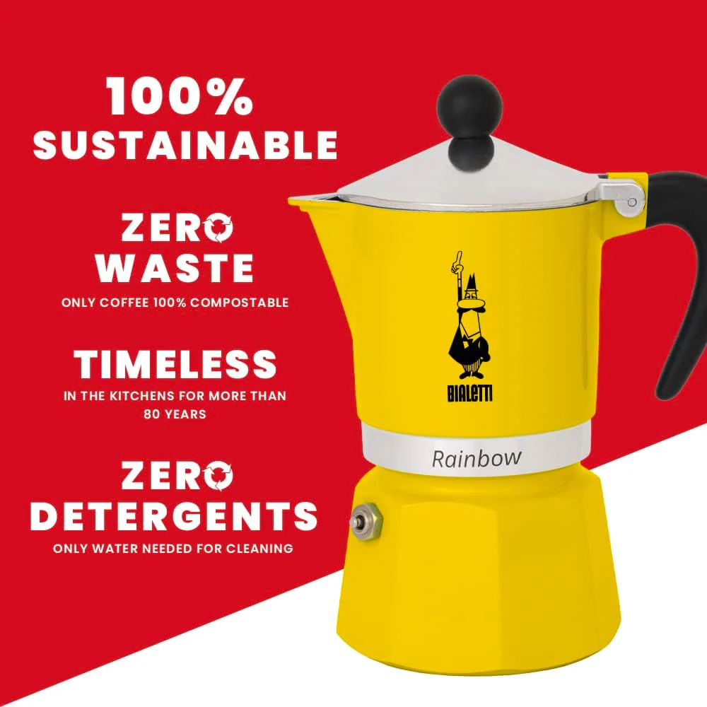 Bialetti Rainbow Caffettiera Colorata, Alluminio, Giallo, 3 Tazze - Image 4