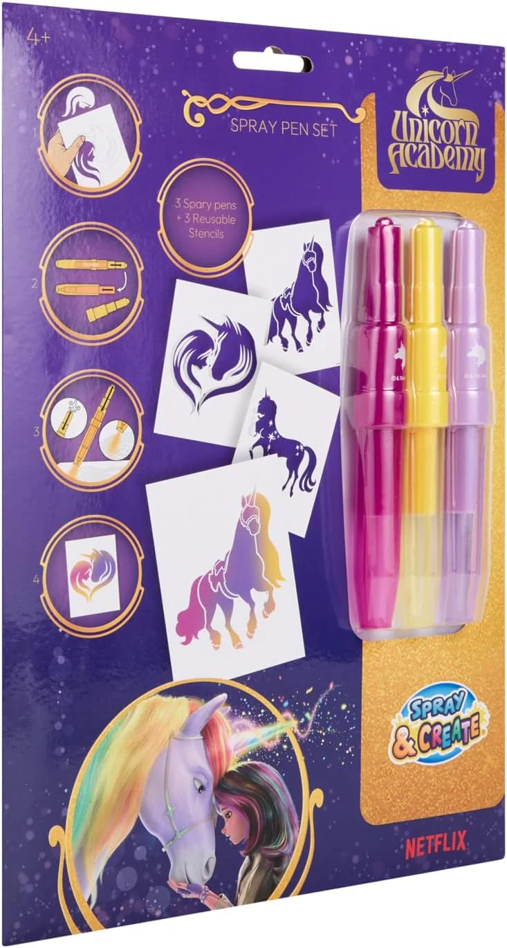 Unicorn Academy Spuitpen Set | Poederstiften & Sjablonen om te Spuiten | Creatief Airbrush Schilderset voor Kinderen | Toverpotloden Knutselset met 3 Spuitstiften & 3 Sjablonen | Meisjes Cadeau - Image 2