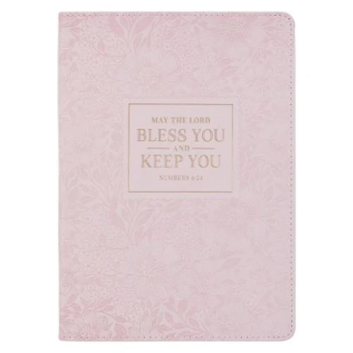 Christian Art Gifts Classic Journal Bless You and Keep You Num. 6:24 Bible Verse, Inspirational Scripture Notebook, Ribbon Marker, Pink Vegan Leather Flexcover, 336 Ruled Pages, (8.6" X 6.1" X .9")